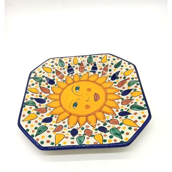 Mexican Art Pottery 12" Octagonal Lead Free Platter Redware Sun Flower Design - Picture 6 of 8